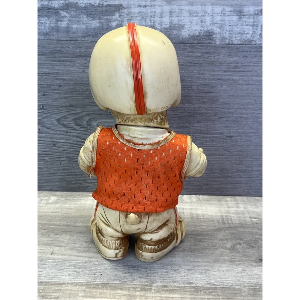 1977 Creative Mfg Orange Football Player Hound Dog Plastic Coin Bank Vintage 70s